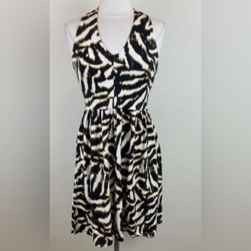 Ann Taylor Animal Print Black Brown and White Halter Sundress Fit Flare Size 6